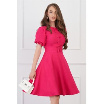 Rochie DY Fashion fucsia cu fundite pe bust si maneci bufante