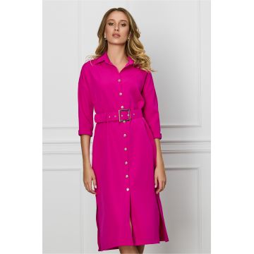 Rochie Rebeca fucsia tip camasa cu nastusi si curea in talie