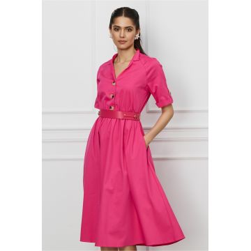 Rochie Sabrina fucsia cu nasturi la bust si curea in talie