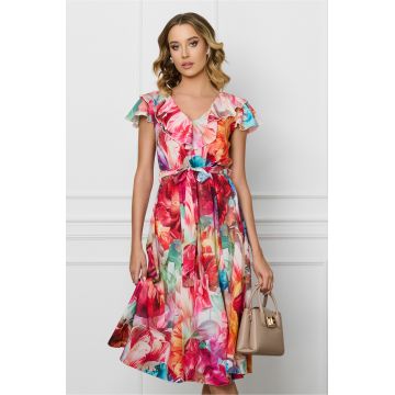 Rochie DY Fashion din voal cu imprimeu floral multicolor si cordon in talie