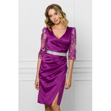 Rochie Ella Collection Atena magenta cu maneci din dantela si cordon in talie