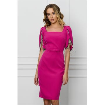 Rochie MBG fucsia cu franjuri din strasuri la maneci