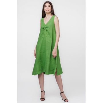 Rochie A-line din in, fara maneci, cu siret pe bust, verde olive