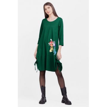 Rochie A line , din tricot, cu sireturi laterale, verde cu imprimeu flori stilizate