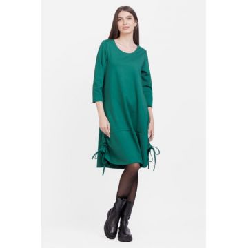 Rochie A line , din tricot, cu sireturi laterale, verde inchis