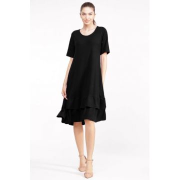 Rochie A line midi, cu doua volane poale, din vascoza neagra