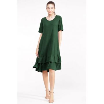 Rochie A line midi, cu doua volane poale, din vascoza verde