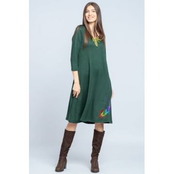 Rochie A line midi, din jerseu moale cu imprimeu lateral pana, verde inchis