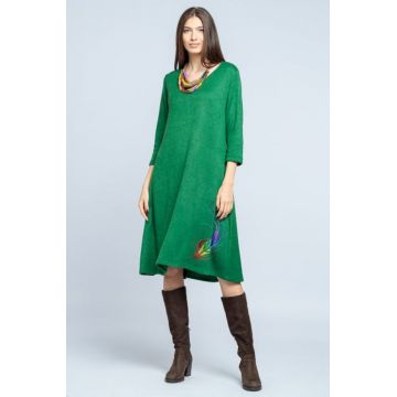 Rochie A line midi, din jerseu moale cu imprimeu lateral pana, verde