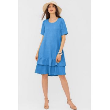 Rochie albastra A line midi, cu doua volane poale, din in mercerizat