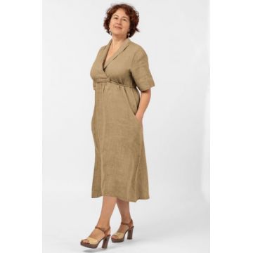 Rochie din in, cu decolteu in V si siret sub bust, camel