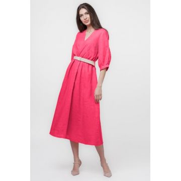 Rochie din in cu maneca sparta si bust petrecut, fucsia