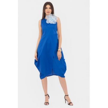 Rochie din poplin de bumbac petrecuta, cu colturi laterale, albastra