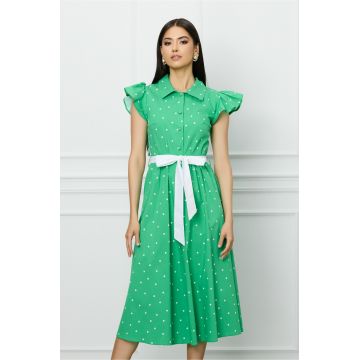 Rochie DY Fashion verde cu buline si cordon in talie