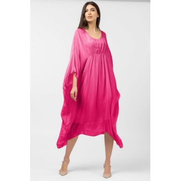 Rochie fucsia in colturi, lunga, ampla, din matase naturala, cu detaliu sub bust