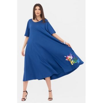 Rochie lunga A-line, albastra, cu imprimeu floare stilizata cu petale multicolore