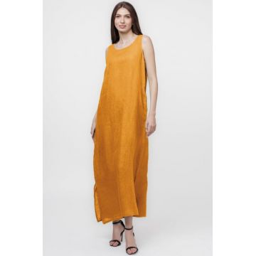 Rochie lunga A-line din in, fara maneci, galben turmeric