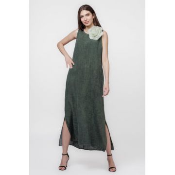 Rochie lunga A-line din in, fara maneci, verde kaki prespalat