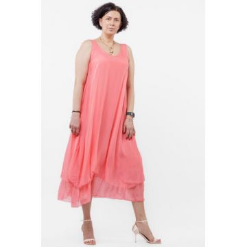 Rochie lunga A-line, suprapusa, din matase naturala, roz coral