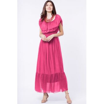 Rochie lunga, fucsia, din matase naturala, cu volan pe umeri