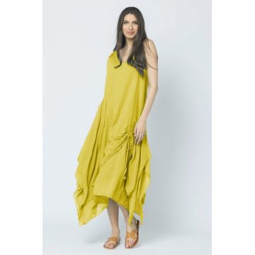 Rochie lunga in colturi, din batist de bumbac, galben