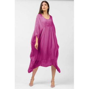 Rochie magenta in colturi, lunga, ampla, din matase naturala, cu detaliu sub bust