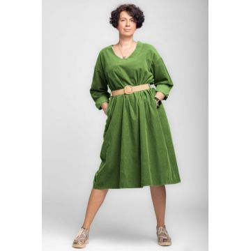 Rochie midi A-line din catifea reiata, cu curea, verde olive