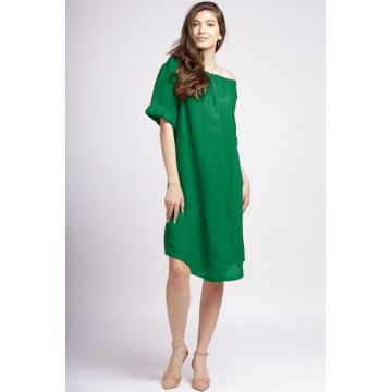 Rochie midi din in verde, cu decolteu pe elastic