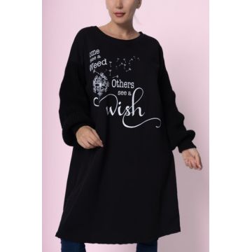 Rochie midi dreapta neagra Wish ,din tricot de bumbac cu maneci tricotate