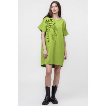 Rochie scurta, dreapta,cu aplicatie boboc, din jerseu de bumbac, verde