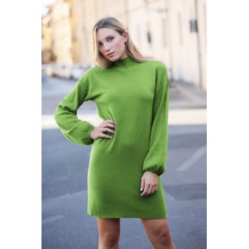 Rochie scurta tricotata cu maneca bufanta, verde olive