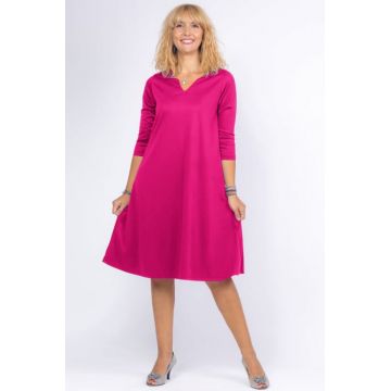 Rochie uni fucsia A line midi, cu decolteu traditional