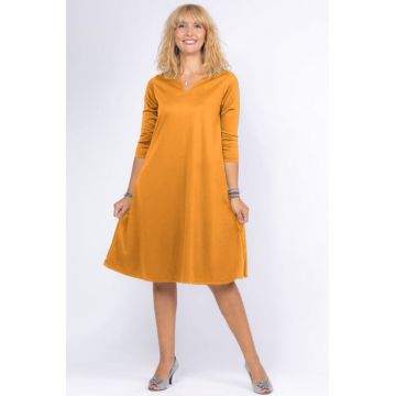 Rochie uni mustar A line midi, cu decolteu traditional