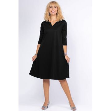 Rochie uni neagra A line midi, cu decolteu traditional