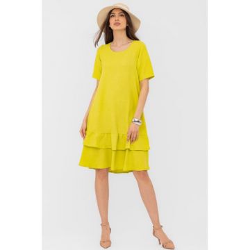 Rochie verde lime A line midi, cu doua volane poale, din in mercerizat