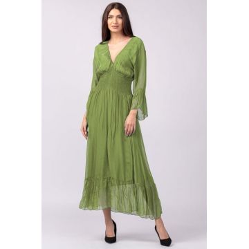Rochie verde oliv din matase naturala cu banda elastica in talie si volane