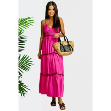 Rochie de zi Martha, croiala lunga si cusaturi ondulate, Fucsia, Marime S/M