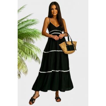 Rochie de zi Martha, croiala lunga si cusaturi ondulate, Negru, Marime S/M