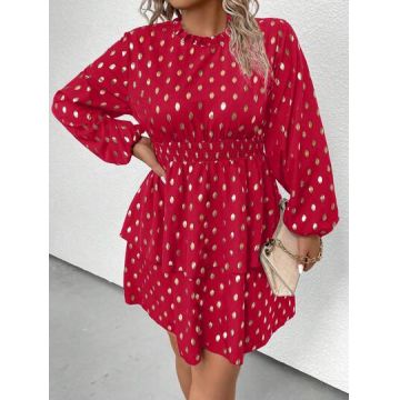 Rochie mini cu volane, detalii aurii si maneca lunga, rosu, dama, Shein