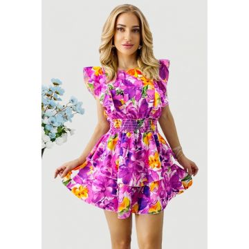 Rochie cu imprimeu floral Cezarina, croi scurt si volane, Mov, Marime S/M