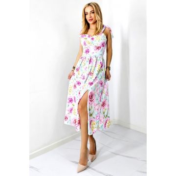 Rochie de vara Masha, cu bumbac bistrech si imprimeu floral, Magenta Roses, Marime S/M