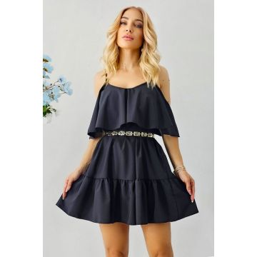 Rochie de zi StefANA, croiala scurta, decupata, cu volane, Negru, Marime S/M/L