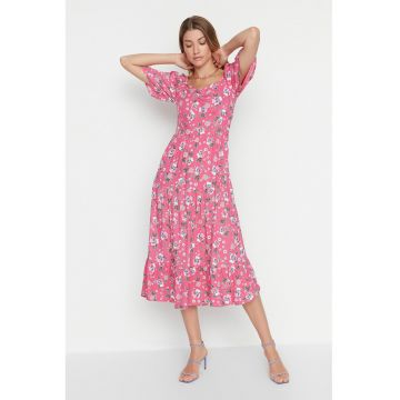 Rochie midi cu model floral si decolteu in V