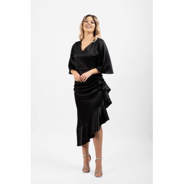 Rochie eleganta de ocazie din tafta cu lungimea midi asimetrica si volane in lateral