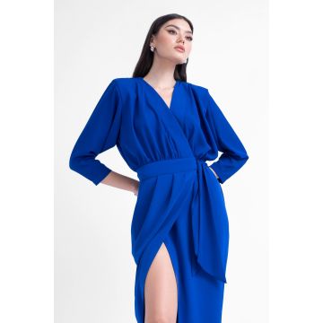 Rochie midi albastru electric cu bust bluzat si cordon in talie