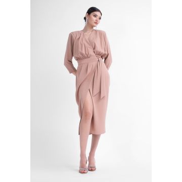 Rochie midi bej cu bust bluzat si cordon in talie