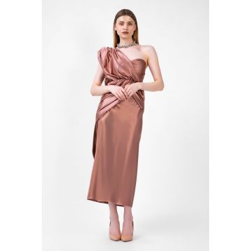 Rochie midi bronze metalizat cu un umar drapat