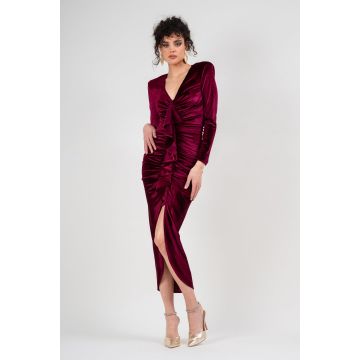 Rochie din catifea burgundy cu volan