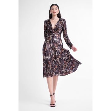 Rochie midi laminata cu imprimeu si pliuri