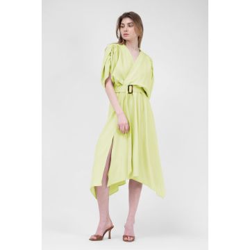 Rochie midi neon din in cu bust drapat si curea